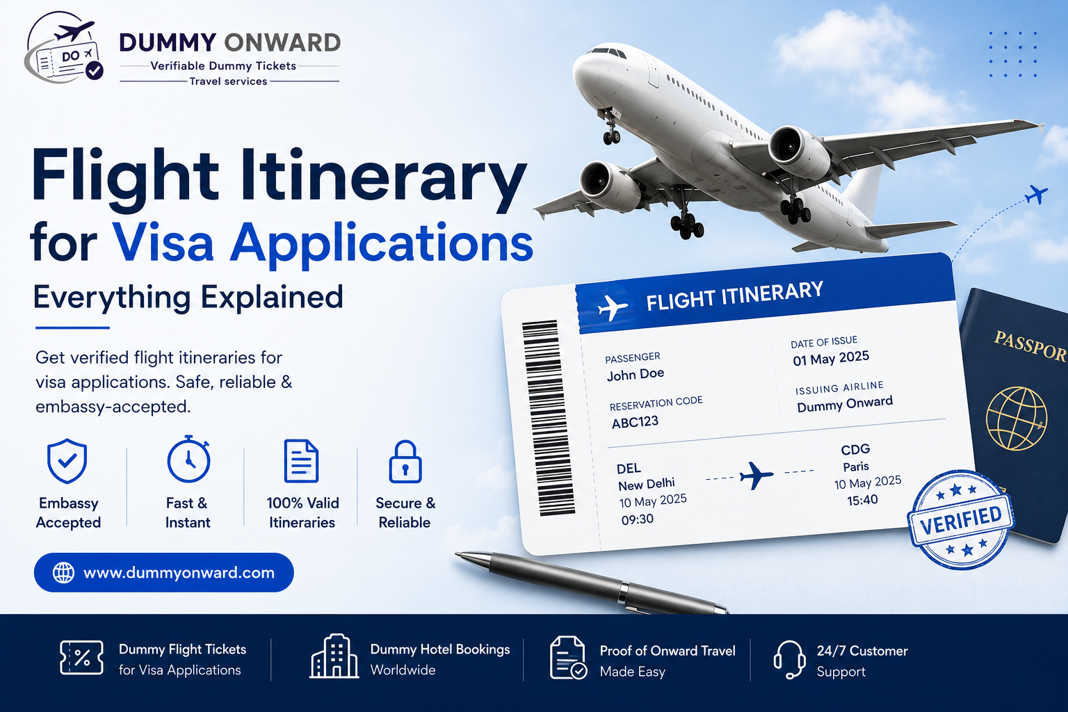 Flight itinerary document for visa applications with airplane and passport illustration