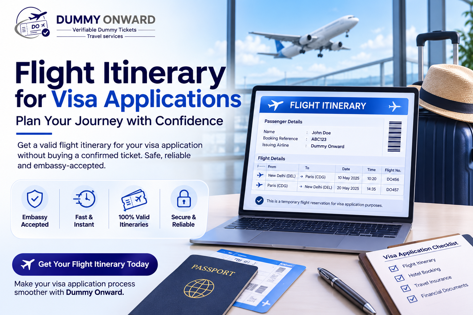 Flight itinerary illustration for visa applications with Dummy Onward travel reservation services