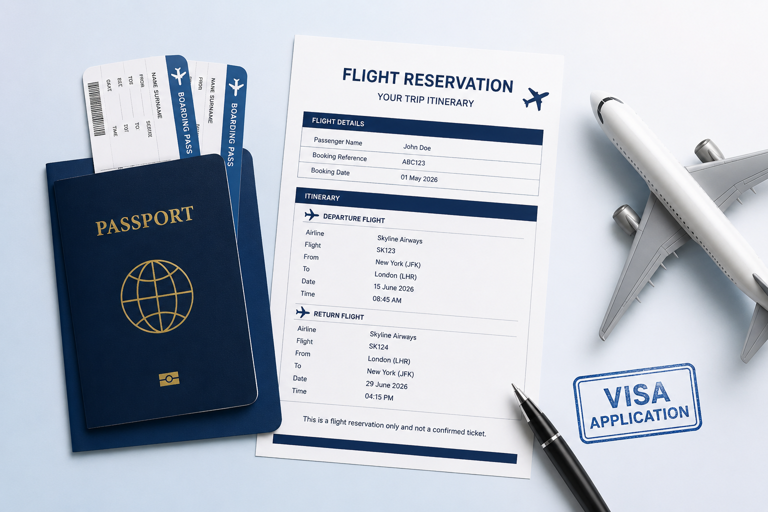 Flight reservation itinerary with passport and boarding passes